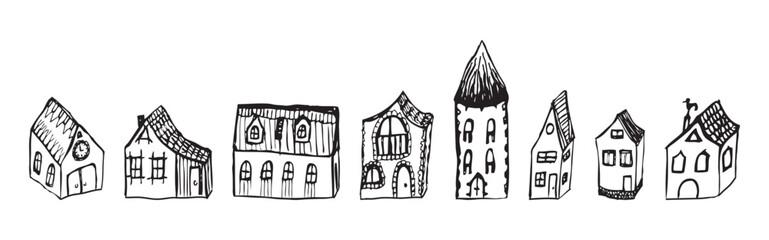 Contour hand drawings of various abstract old houses, vector illustration isolated on white