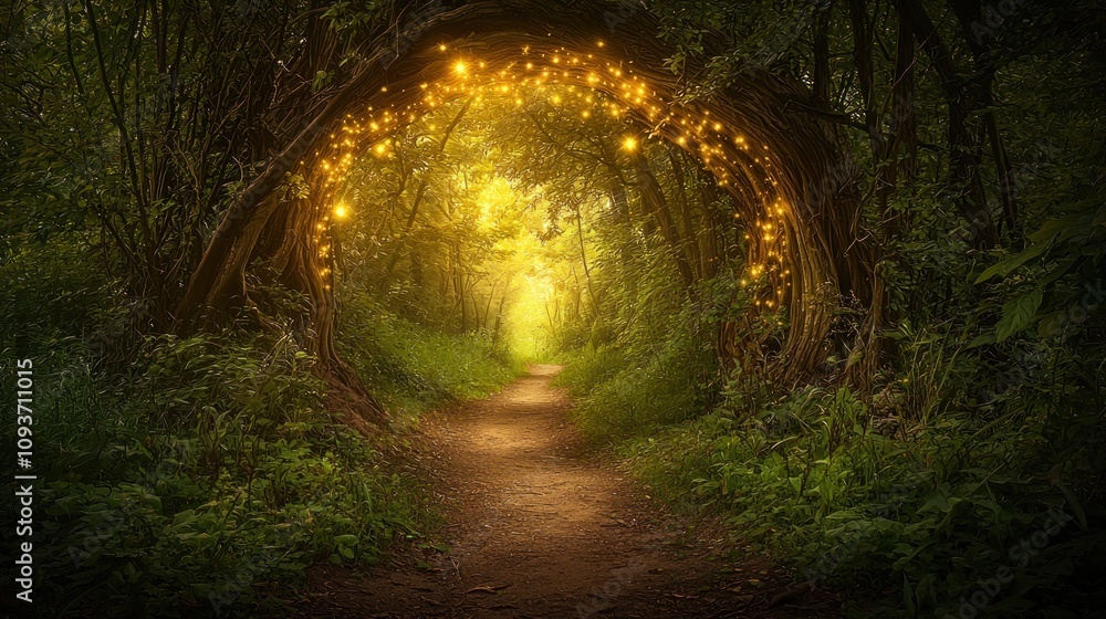 Poster a magical forest path illuminated by glowing lights