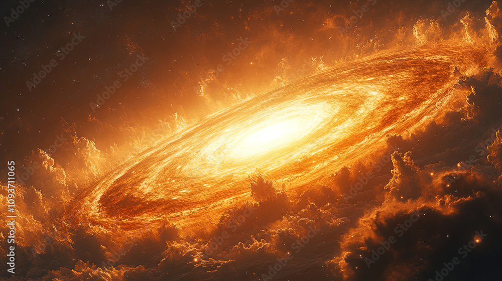 Poster vibrant swirling galaxy with fiery core and luminous gas clouds in deep space during a stellar forma