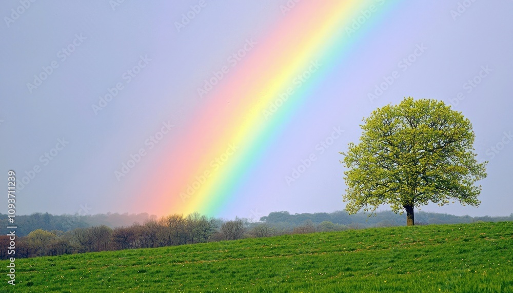 Poster a rainbow arcs over a lone tree in a green field