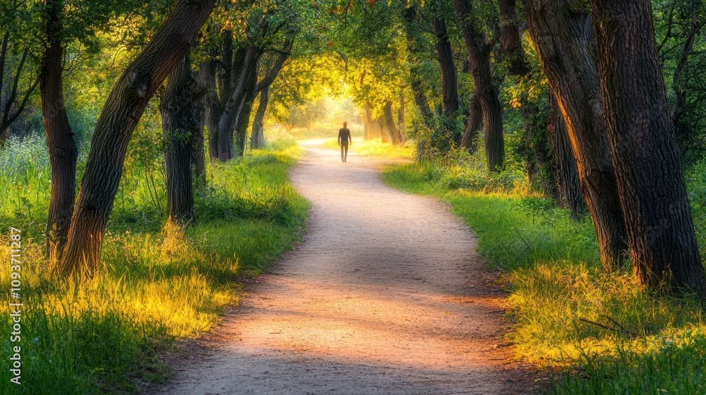 Poster A single figure walks along a path through a forest in the golden light of the setting sun.