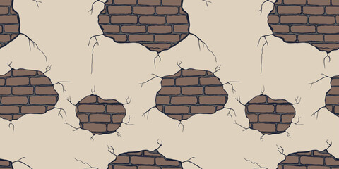 Seamless pattern of drawn brick wall under cracked broken plaster, vector background, wallpaper, paper