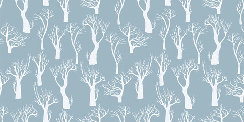Seamless pattern of drawn frozen bare trees in winter forest, vector background, paper, wallpaper, fabric