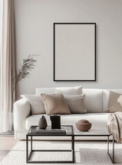 Frame mockup, ISO A paper size. Living room wall poster mockup. Interior mockup with house background. Modern interior design. 3D render
