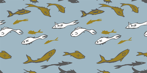 Seamless pattern of hand drawn decorative golden fishes, vector background, wallpaper, textile, paper