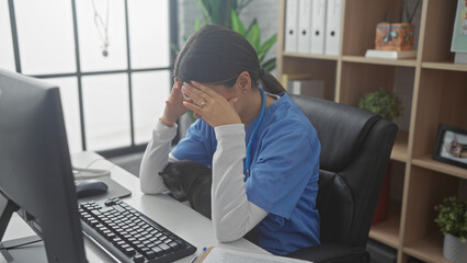 A stressed woman veterinarian with a black cat at a veterinary clinic.