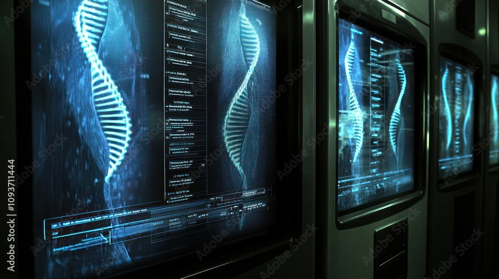 Aufkleber Multiple computer screens displaying a digital representation of a DNA helix.
