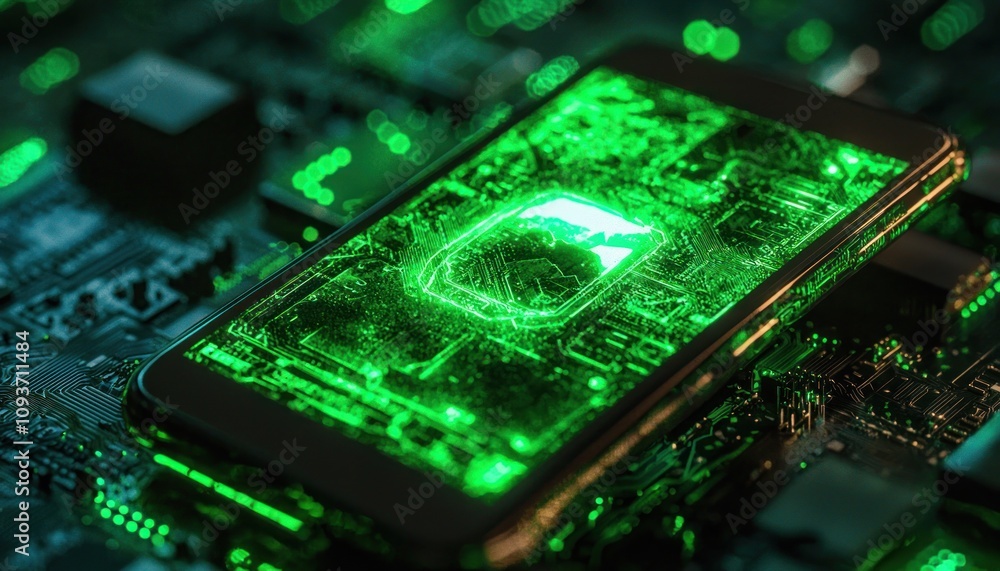 Poster smartphone with glowing green circuit board display