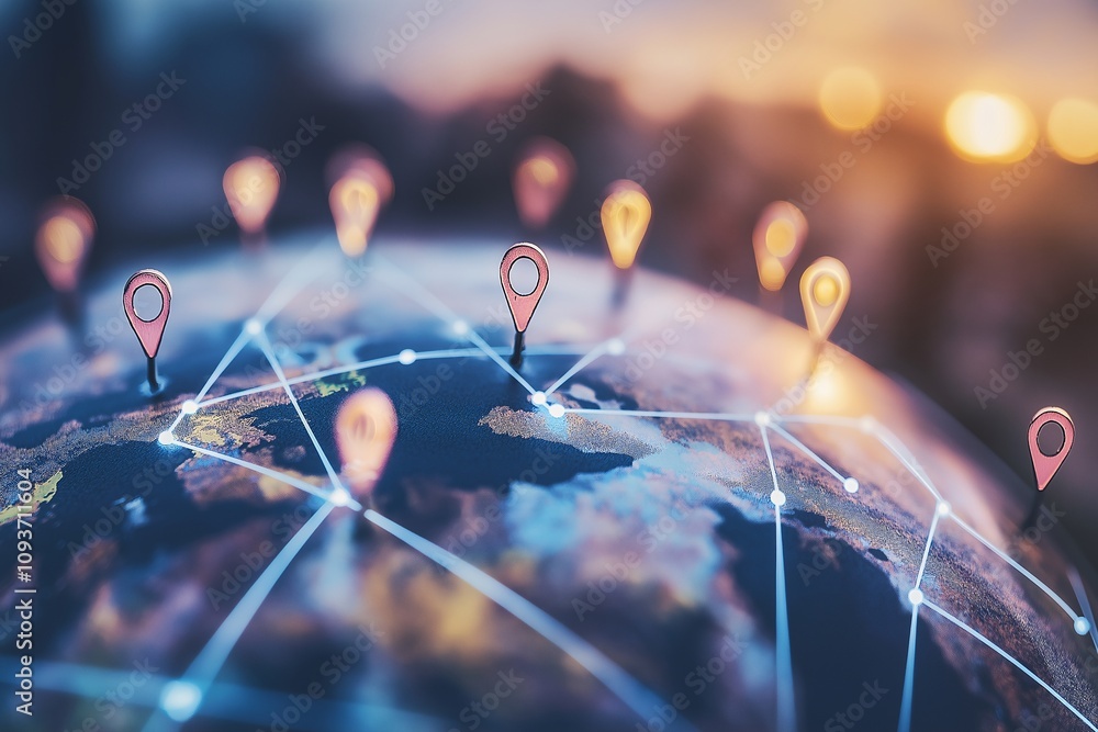 Poster global connections: a mesmerizing image of a glowing earth, adorned with interconnected lines and lo