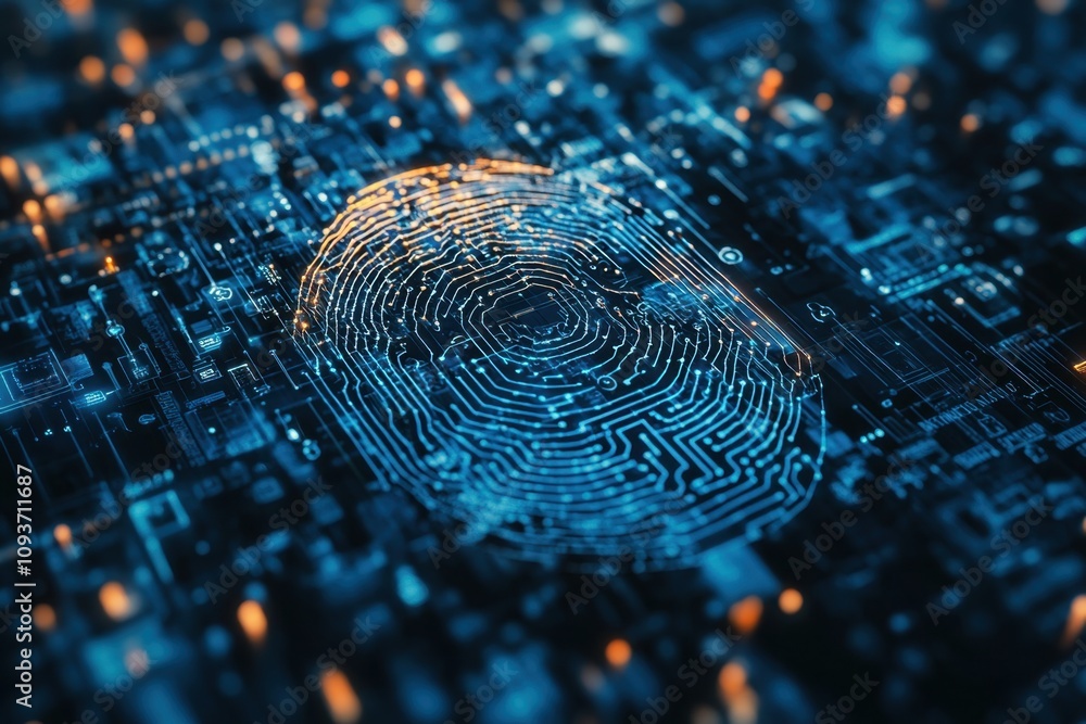 Poster intricate digital fingerprint design on a high-tech background with glowing circuits
