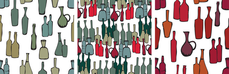 Obraz premium Seamless patterns of wine bottles collection, contour hand drawings, red green silhouettes, vector backgrounds, wallpaper, paper