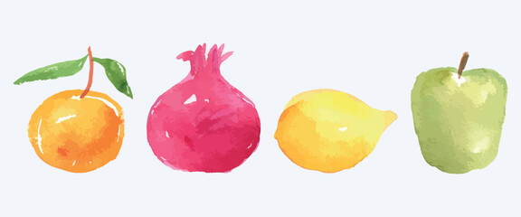 Watercolor vector hand drawings of ripe fruits, apples, pomegranate, lemon, tangerine, vector illustration isolated on white