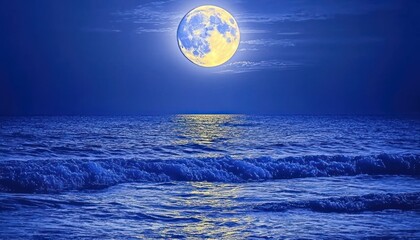 Full Moon Over a Serene Ocean with Rippling Waves