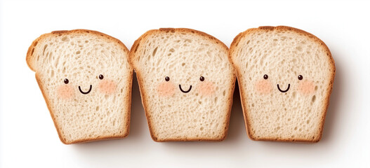 Smiling cartoon bread slices: cute food characters with happy faces