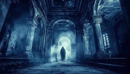 Fototapeta premium A Solitary Figure Stands in a Fog-Filled, Ruined Hallway