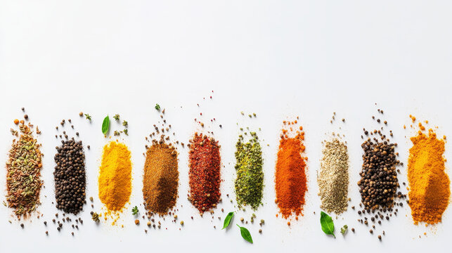 Spice Rows: A Colorful Collection of Seasonings on White Background

