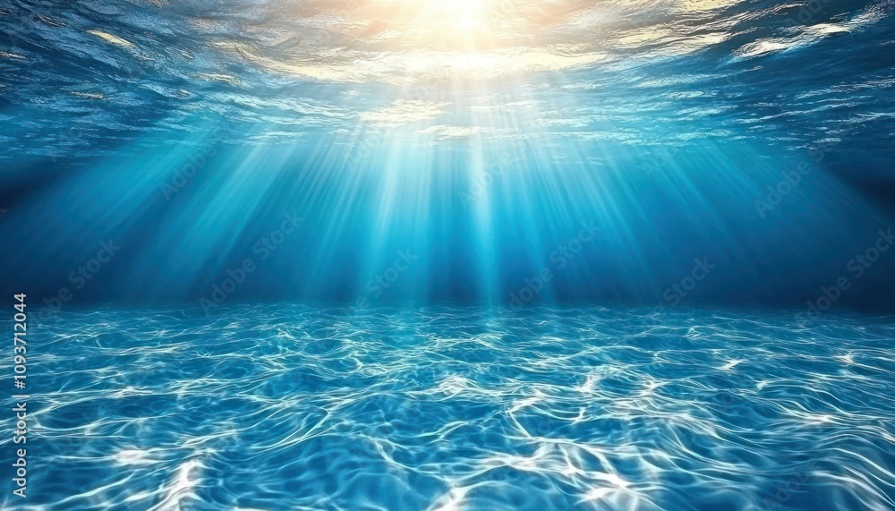 Poster underwater view of sunbeams through rippling ocean surface