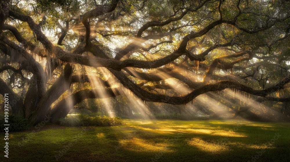 Poster sunlight streaming through the branches of a moss-covered oak tree