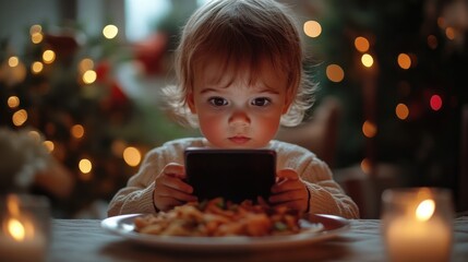 Toddler holding smartphone at dinner table by candlelight, curiosity and wonder in warm cozy setting, young child exploring technology, family bonding moment, evening light