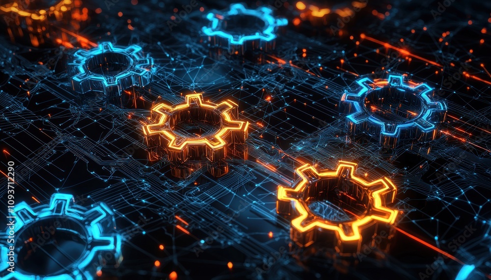 Aufkleber glowing gears interconnected on a digital network
