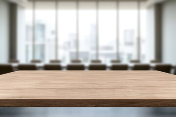 Fototapeta premium Blurred background of a conference room with a focus on a wooden table, highlighting its polished surface and creating a professional, minimalist workspace setting