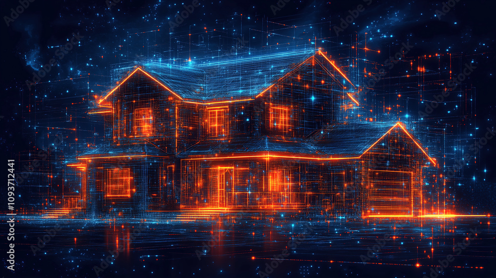 Aufkleber digital rendering of a modern house illuminated with vibrant neon lights in a dark environment. gene
