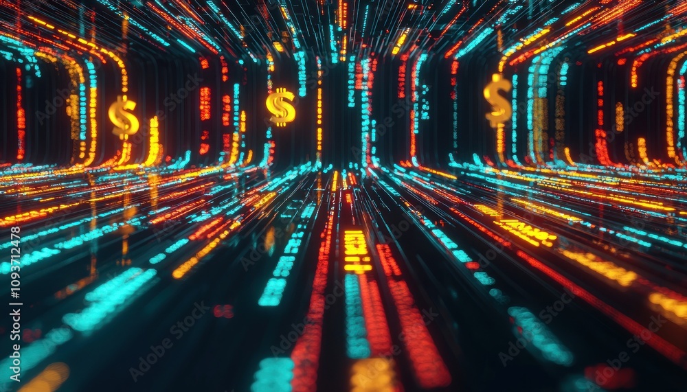Poster abstract tunnel of digital data and dollar signs