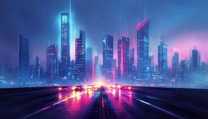 Neon Cityscape with Highway and Blurred Lights
