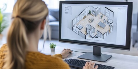 A woman uses software to design an apartment.  She's working on a floor plan on her computer screen.