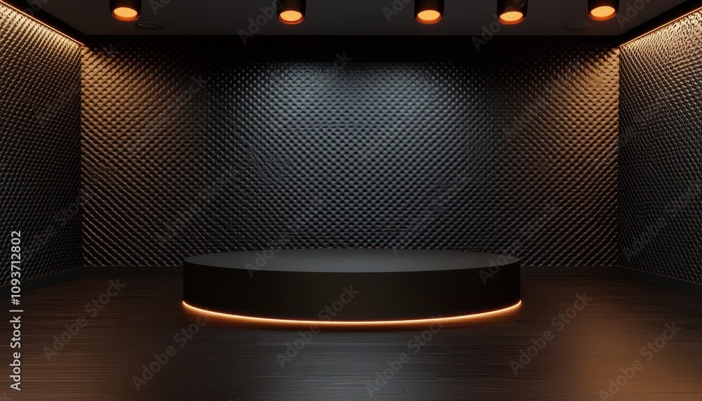 Aufkleber Black Platform with Illuminated Edge in a Dark Room with Patterned Walls