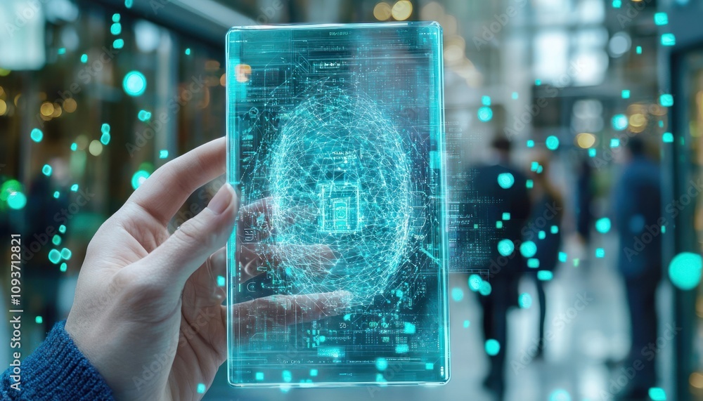 Poster hand holding transparent smartphone with futuristic interface
