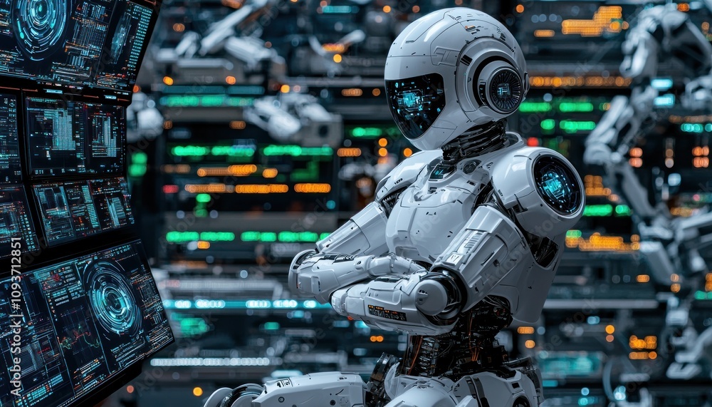 Poster White Robot with Crossed Arms Sitting in Front of a Bank of Screens with Digital Data
