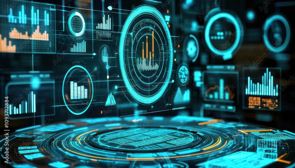 Poster Futuristic Interface with Holographic Data and Charts