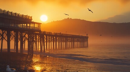 Fototapeta premium Golden Sunrise Over the Pier - A Beautiful Coastal Scene with Seagulls and Waves