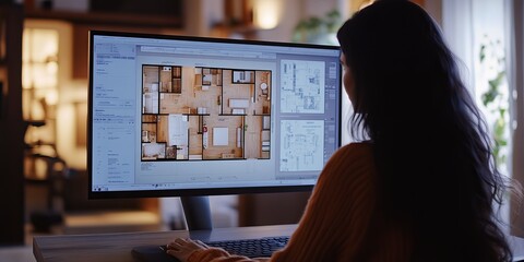 A woman uses software to design an apartment.  She's working on a floor plan on her computer screen.