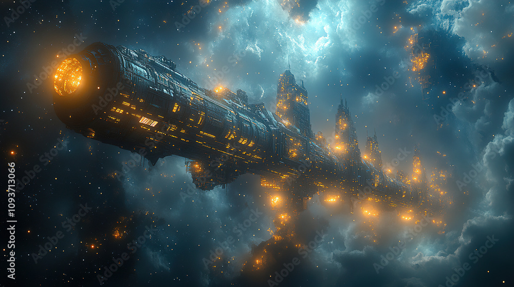 Aufkleber exploring the vastness of space with a futuristic spaceship in a nebula full of glowing elements. ge