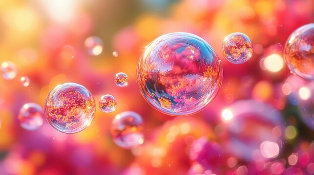 Colorful soap bubbles against a vibrant floral background with sunlight