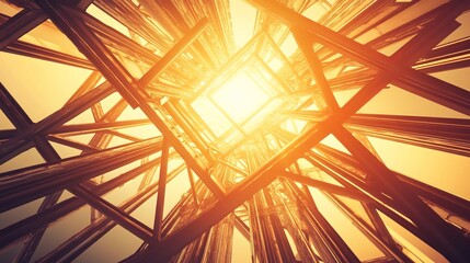 Fototapeta premium Amidst the sun's golden rays, the skeletal framework of a steel structure rises towards the heavens. 