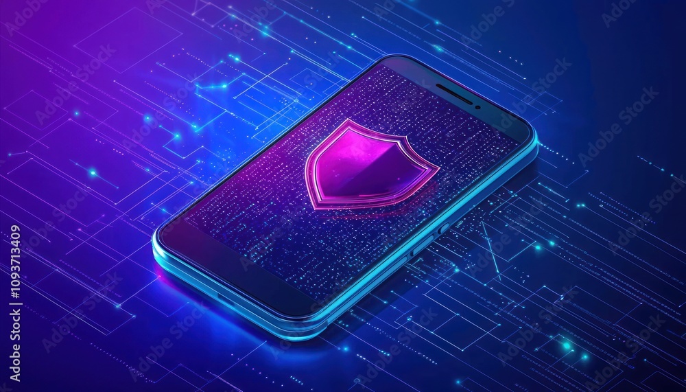 Poster smartphone with a holographic shield on a digital background