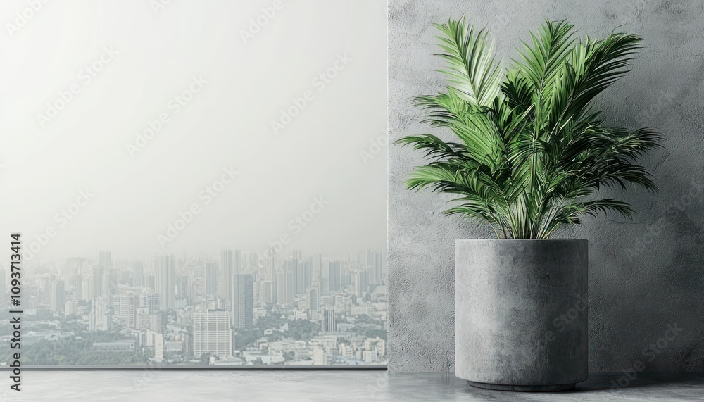 Poster a potted palm tree against a concrete wall with a city view through a window