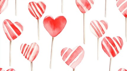 watercolor illustration pattern of heart-shaped striped lollipops on white background