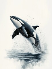 Orca breaching the ocean surface in a stunning display of power and grace near a quiet coastal area at sunrise