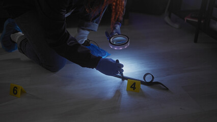 A woman examines evidence at a dimly lit indoor crime scene using a magnifying glass and wearing gloves.