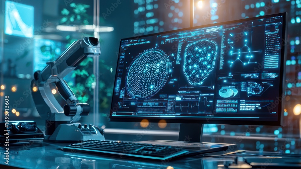 Aufkleber futuristic computer workstation with data visualization and scientific equipment