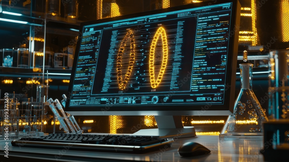 Aufkleber A Futuristic Laboratory Workstation with a Computer Displaying a 3D Model of a Biological Structure