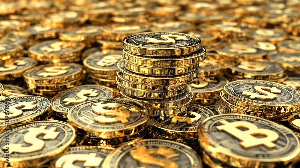 Poster Stack of Gold Coins with Dollar Symbol and Bitcoin in the Background
