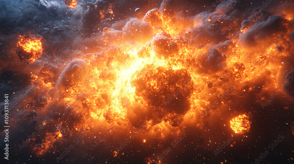 Aufkleber cosmic explosion with fiery clouds and debris illuminating the dark space atmosphere during a stella