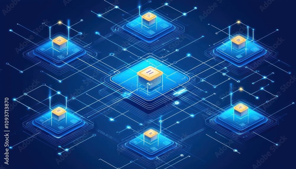 Poster interconnected blue and gold processors on a digital network