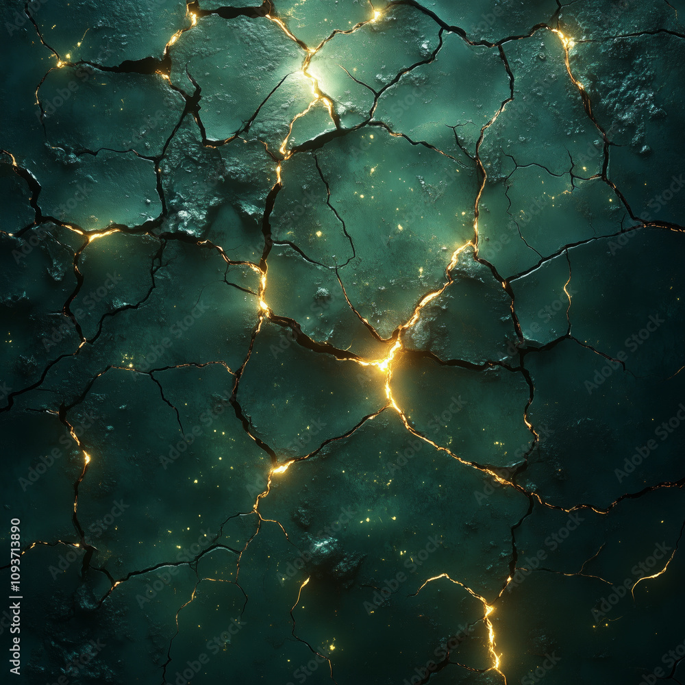 Poster glowing cracks in textured surface: abstract art with luminous green cracks and dynamic patterns