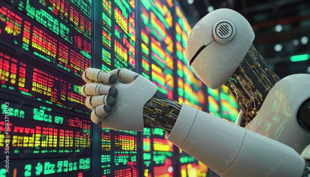 Poster A humanoid robot analyzing a wall of flashing digital data